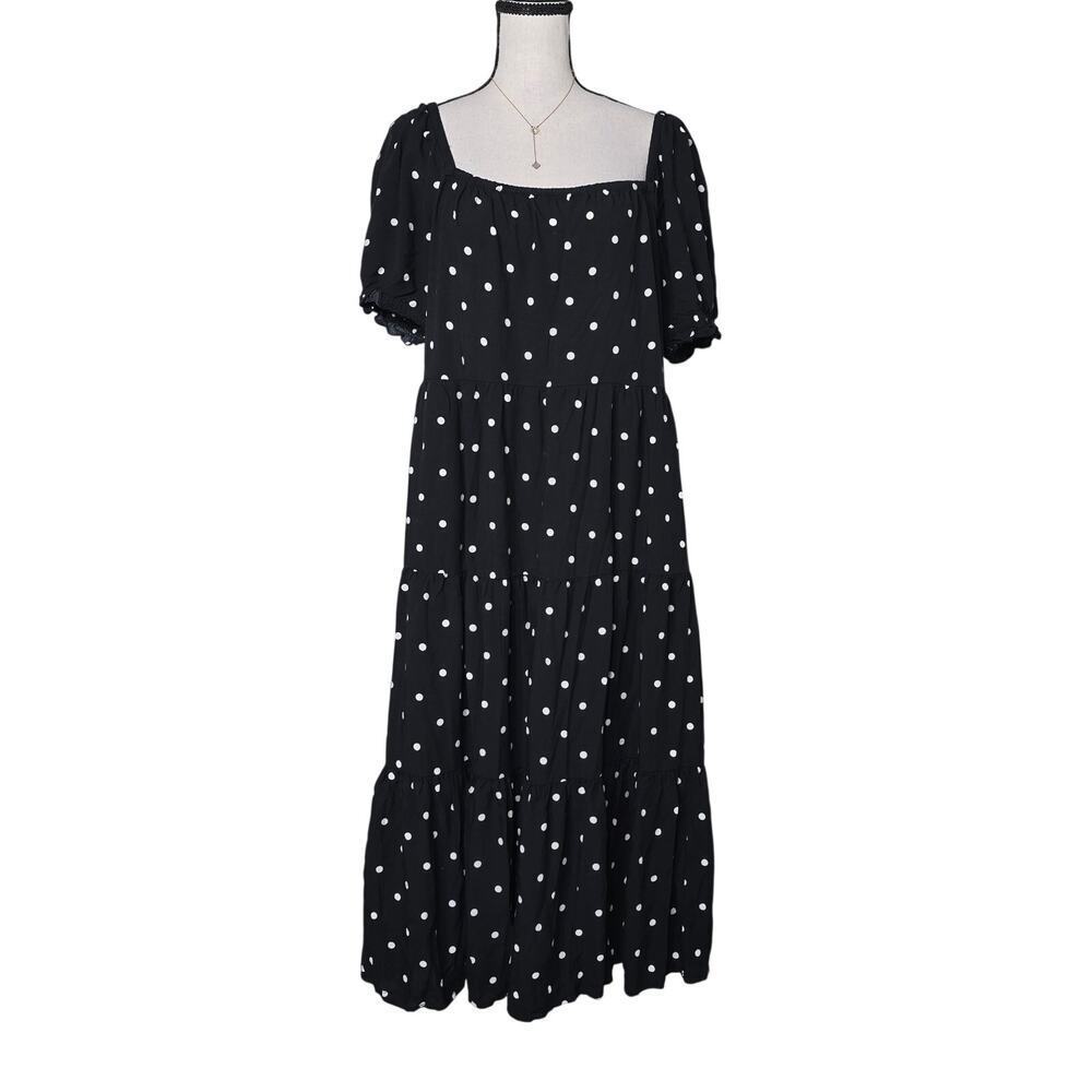J.Crew Black Polka Dot Midi Dress Sz M Puff Sleeve Square Neck Tiered Coquette